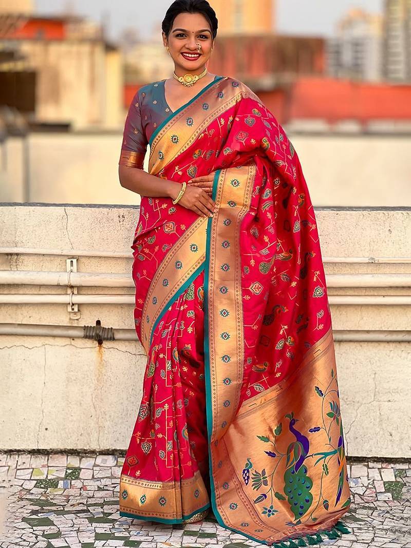 Pink ethnic motifs silk blend paithani saree
