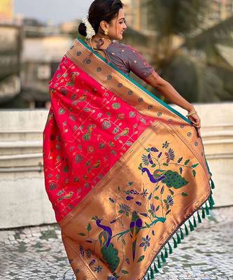 Pink ethnic motifs silk blend paithani saree 2