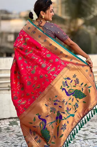 Pink ethnic motifs silk blend paithani saree