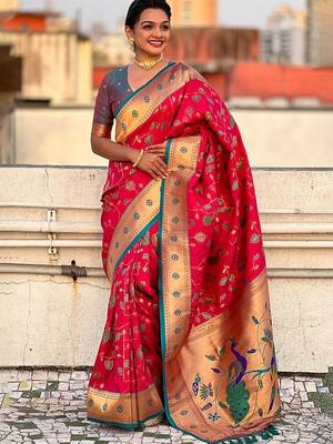 Pink ethnic motifs silk blend paithani saree 3