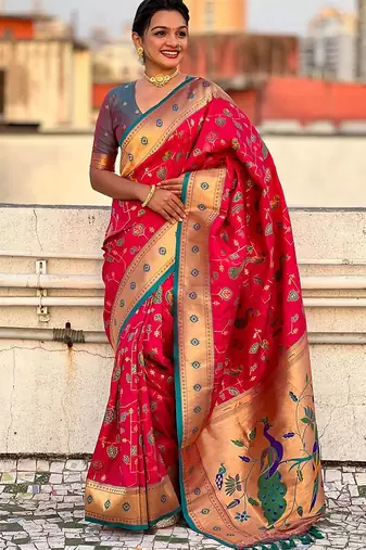 Pink ethnic motifs silk blend paithani saree