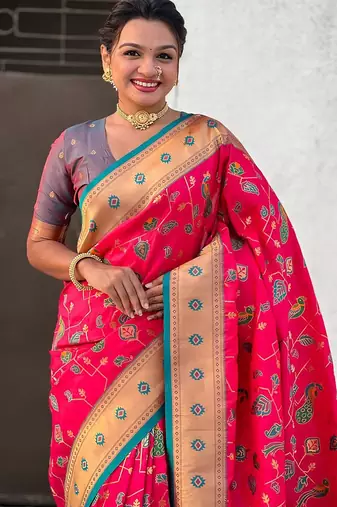 Pink ethnic motifs silk blend paithani saree