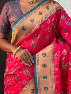 Pink ethnic motifs silk blend paithani saree 5