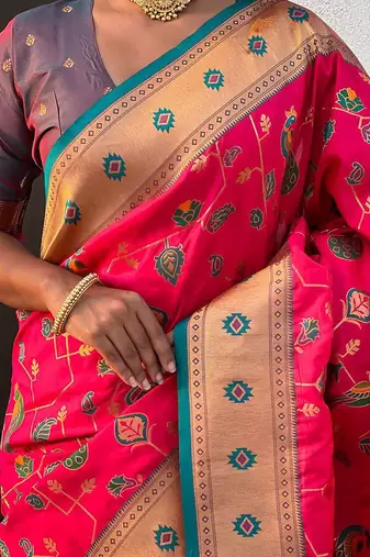 Pink ethnic motifs silk blend paithani saree