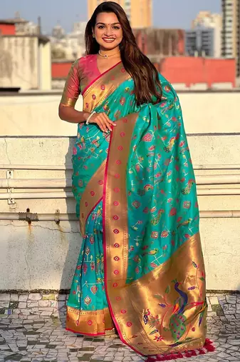 Sea green ethnic motifs silk blend paithani saree