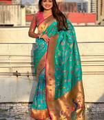 Sea green ethnic motifs silk blend paithani saree