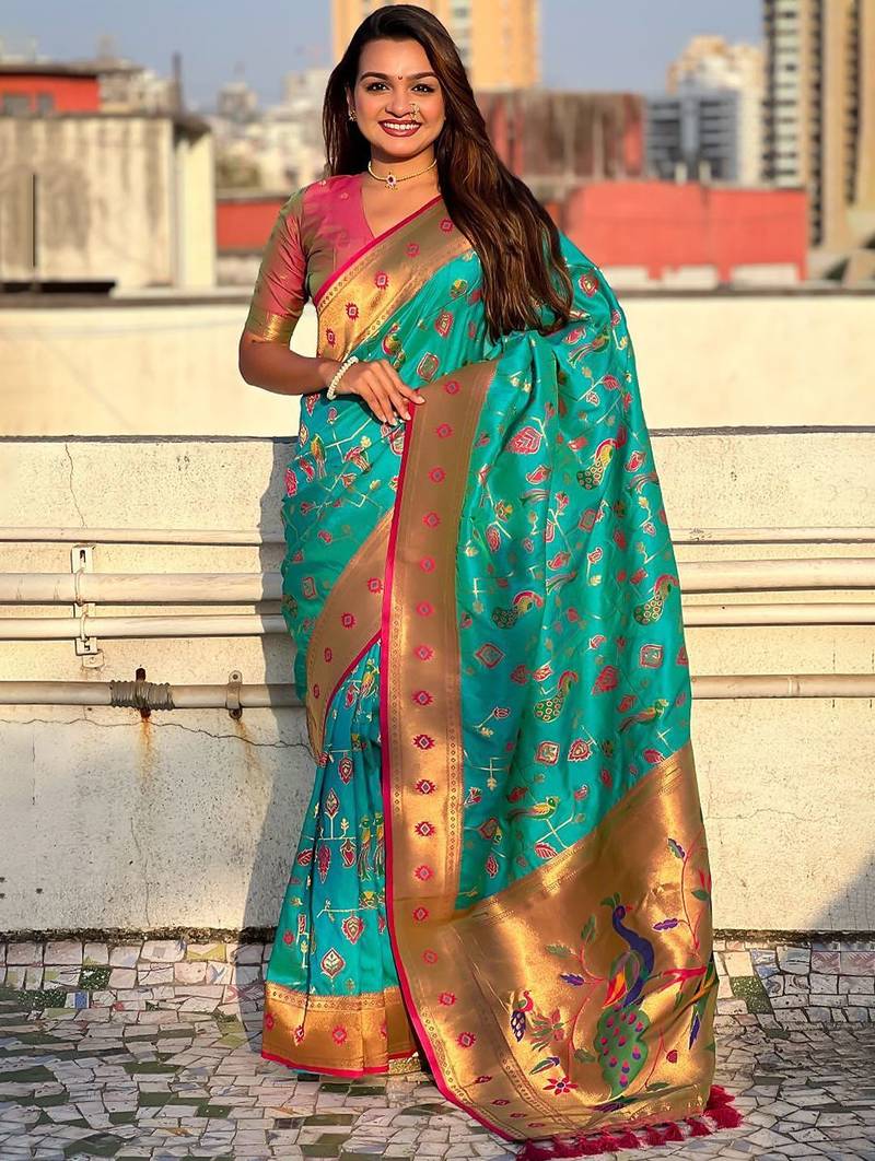 Sea green ethnic motifs silk blend paithani saree