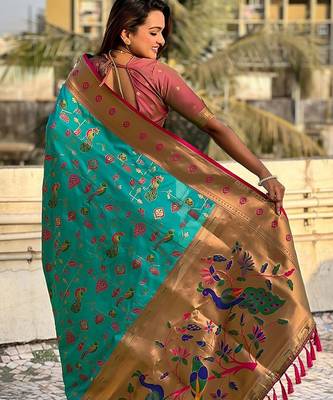 Sea green ethnic motifs silk blend paithani saree 2