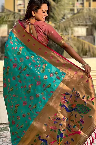 Sea green ethnic motifs silk blend paithani saree