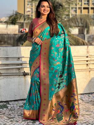 Sea green ethnic motifs silk blend paithani saree 3