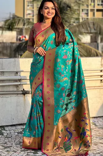 Sea green ethnic motifs silk blend paithani saree