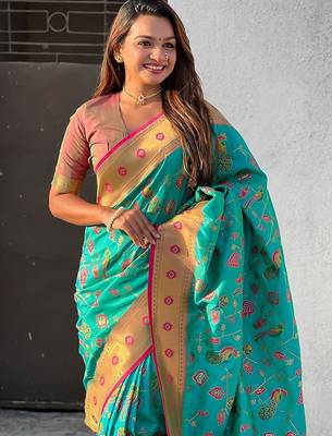 Sea green ethnic motifs silk blend paithani saree 4