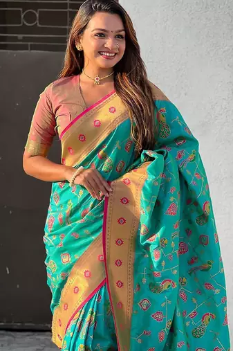 Sea green ethnic motifs silk blend paithani saree
