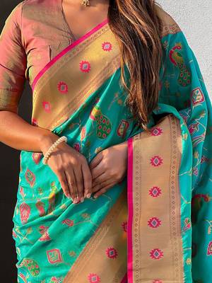 Sea green ethnic motifs silk blend paithani saree 5
