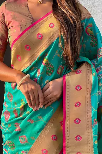 Sea green ethnic motifs silk blend paithani saree