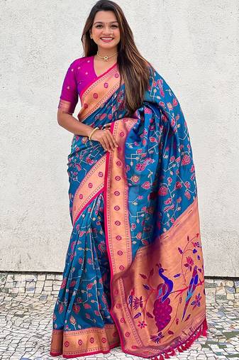 Blue ethnic motifs silk blend paithani saree