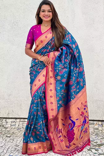 Blue ethnic motifs silk blend paithani saree