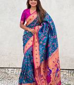Blue ethnic motifs silk blend paithani saree