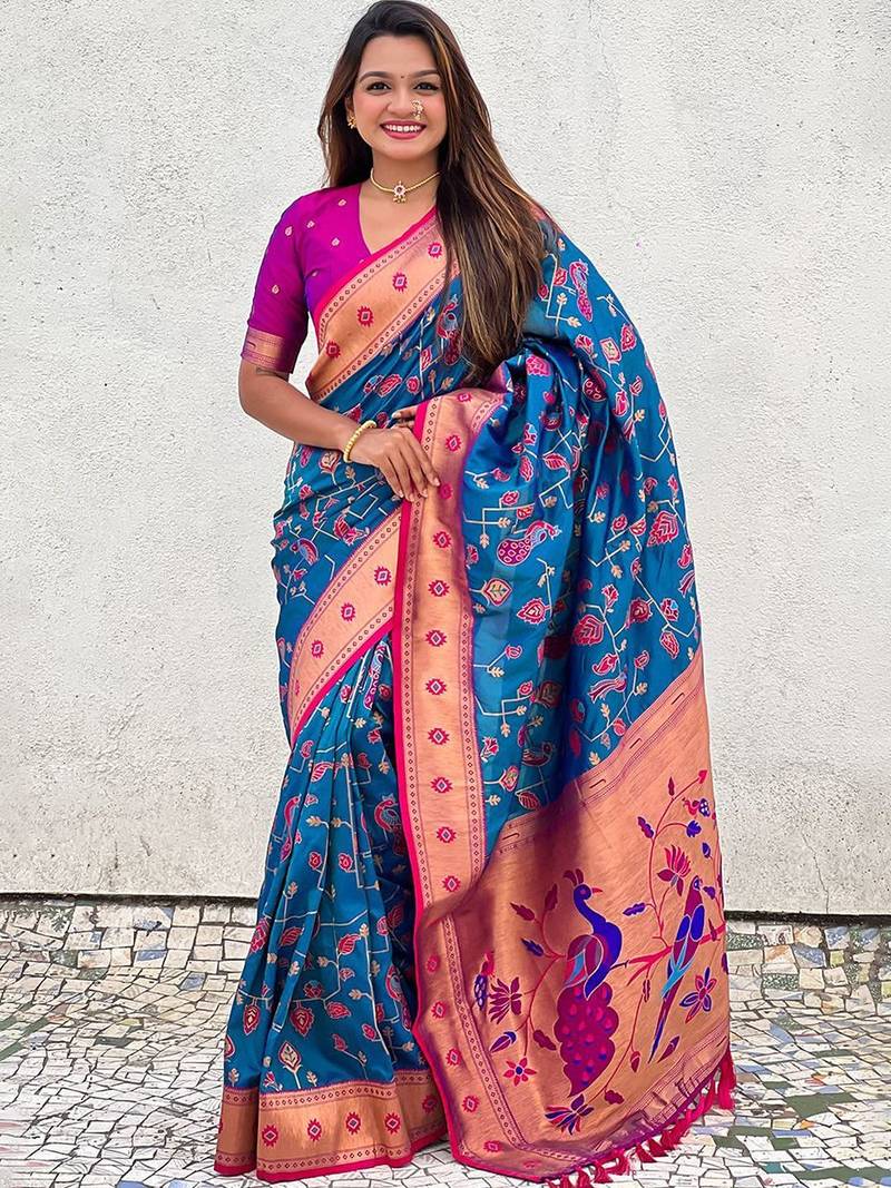 Blue ethnic motifs silk blend paithani saree