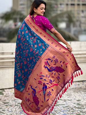 Blue ethnic motifs silk blend paithani saree 2