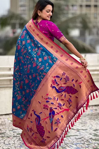 Blue ethnic motifs silk blend paithani saree