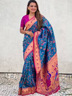 Blue ethnic motifs silk blend paithani saree 3