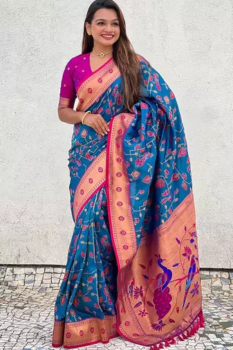 Blue ethnic motifs silk blend paithani saree