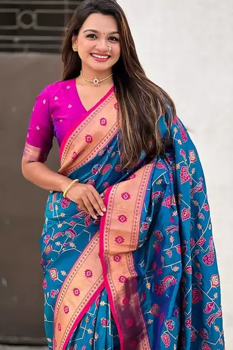 Blue ethnic motifs silk blend paithani saree