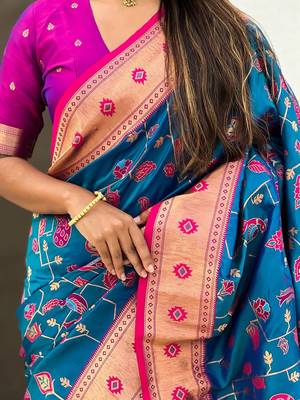 Blue ethnic motifs silk blend paithani saree 5