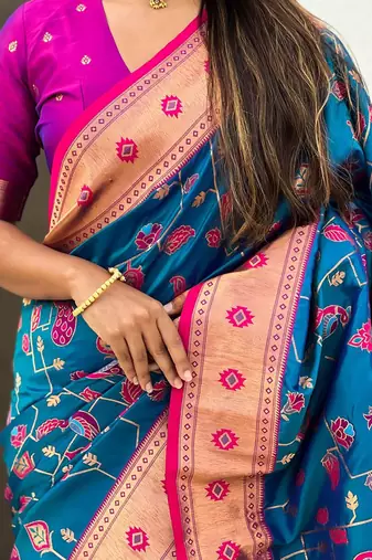 Blue ethnic motifs silk blend paithani saree