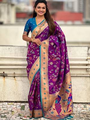 Purple floral silk blend paithani saree 1