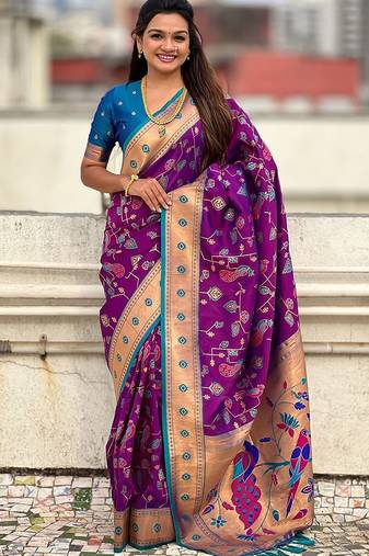 Purple floral silk blend paithani saree