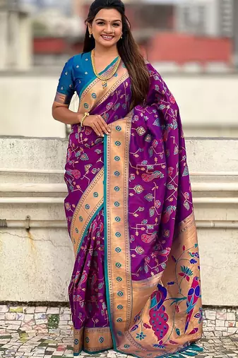 Purple floral silk blend paithani saree