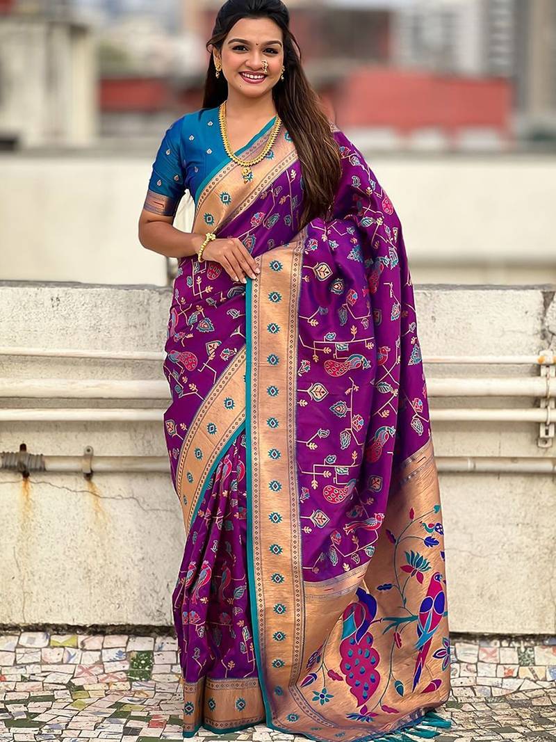 Purple floral silk blend paithani saree