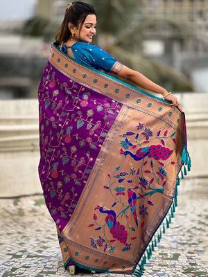 Purple floral silk blend paithani saree 2