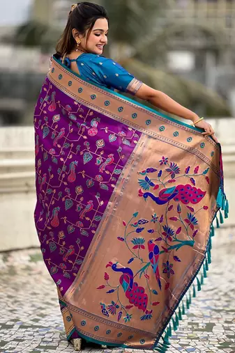 Purple floral silk blend paithani saree