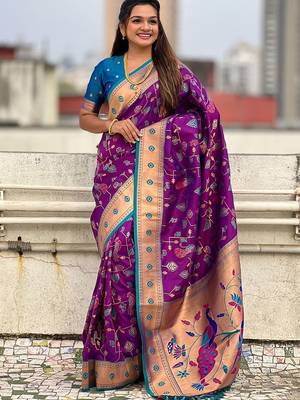 Purple floral silk blend paithani saree 3
