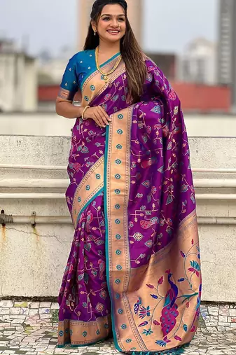 Purple floral silk blend paithani saree