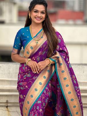 Purple floral silk blend paithani saree 4