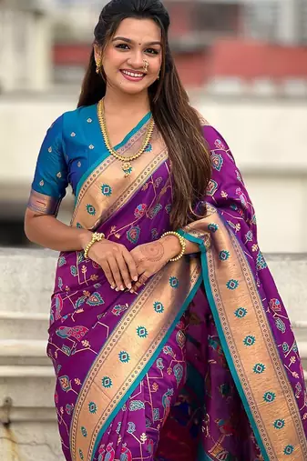 Purple floral silk blend paithani saree