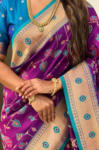 Purple floral silk blend paithani saree
