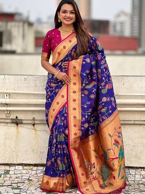 Violet ethnic motifs zari silk blend paithani saree 1