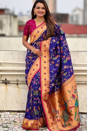 Violet ethnic motifs zari silk blend paithani saree