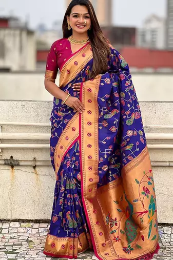 Violet ethnic motifs zari silk blend paithani saree