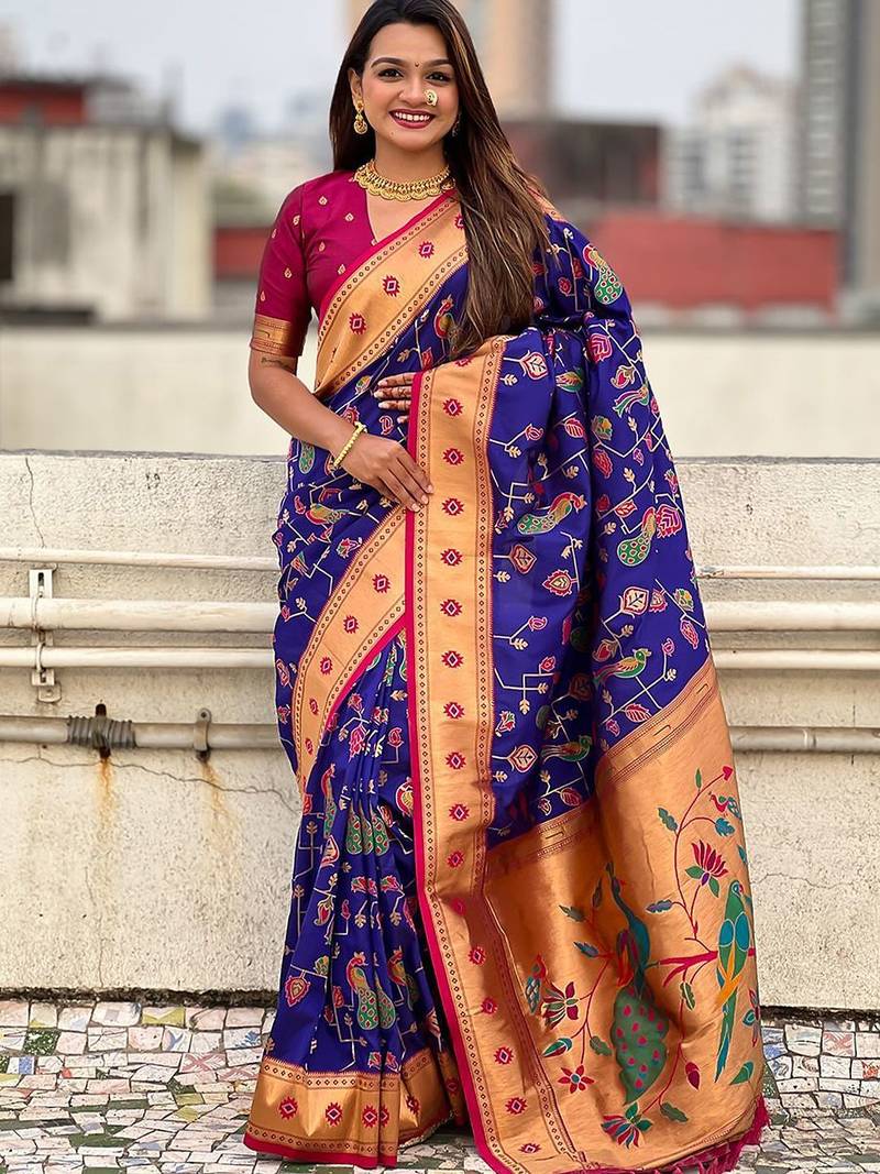 Violet ethnic motifs zari silk blend paithani saree