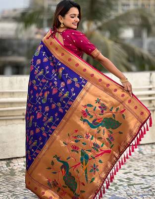 Violet ethnic motifs zari silk blend paithani saree 2