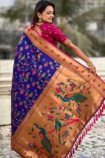 Violet ethnic motifs zari silk blend paithani saree