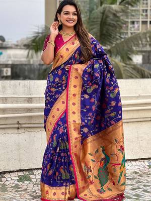 Violet ethnic motifs zari silk blend paithani saree 3
