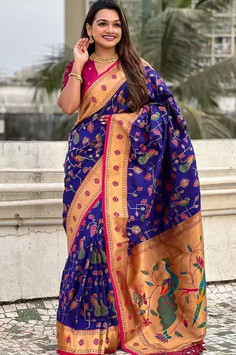 Violet ethnic motifs zari silk blend paithani saree
