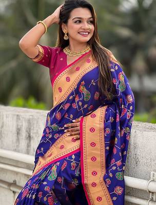 Violet ethnic motifs zari silk blend paithani saree 4
